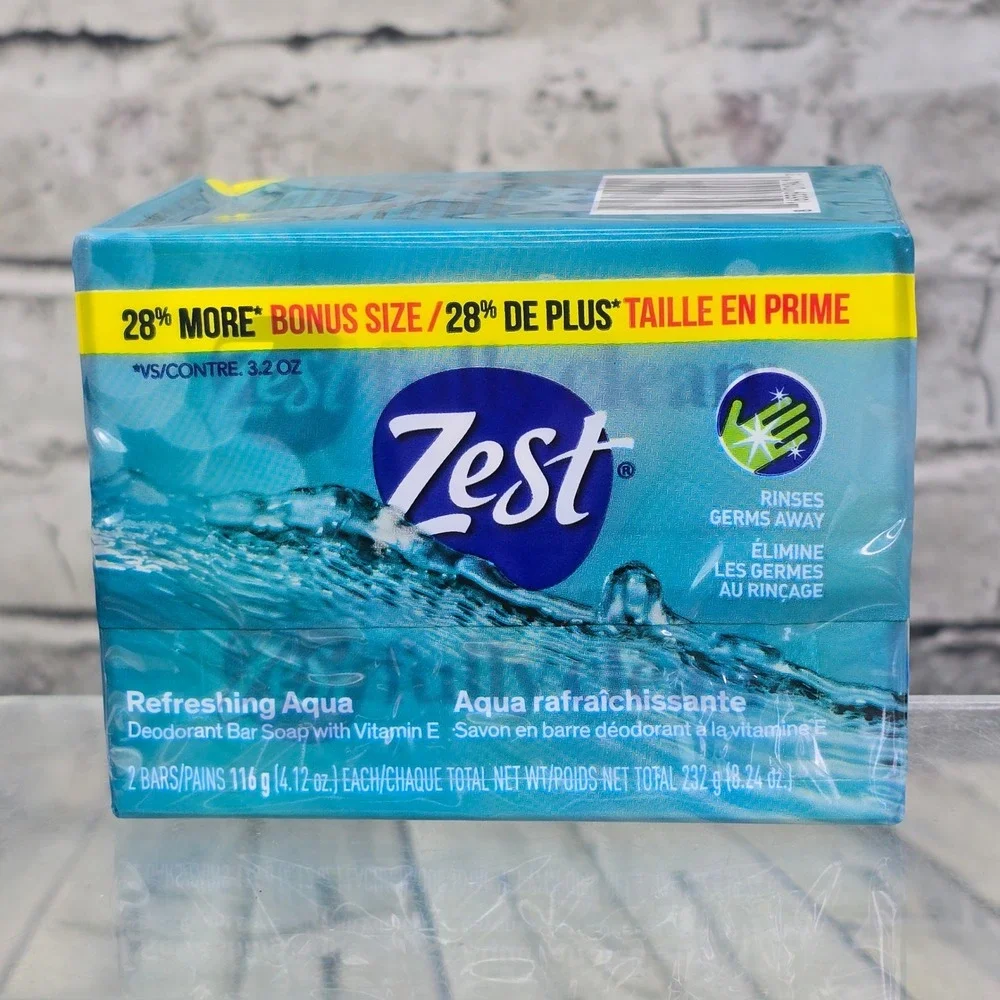 Zest Refreshing Aqua Deodorant Bar Soap 8 Bars Total 4.12oz Vitamin E Bonus Size